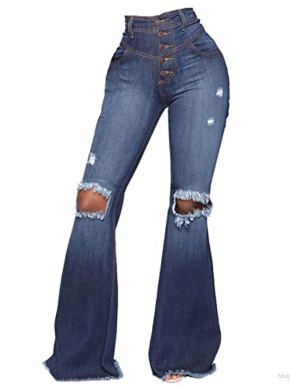 Women's Ripped High Waist Flared Jeans with Raw Hem, Distressed Bell Bottom